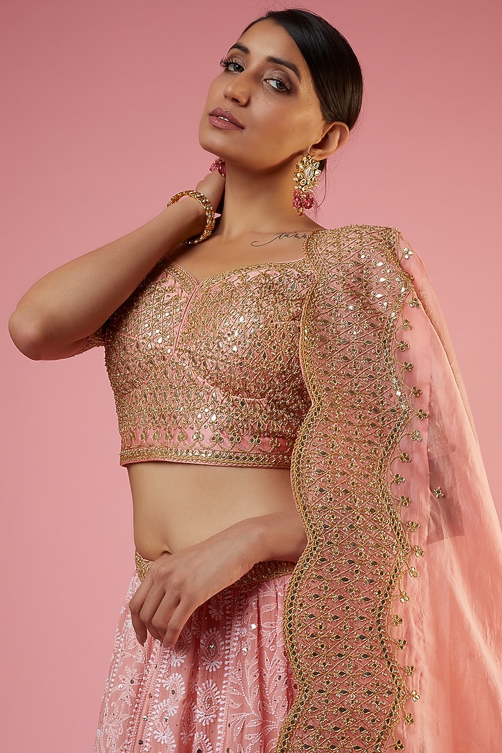 Peach Georgette Lucknowi Embroidered Bridal Lehenga Set by SURBHI SHAH at Pernia's Pop Up Shop